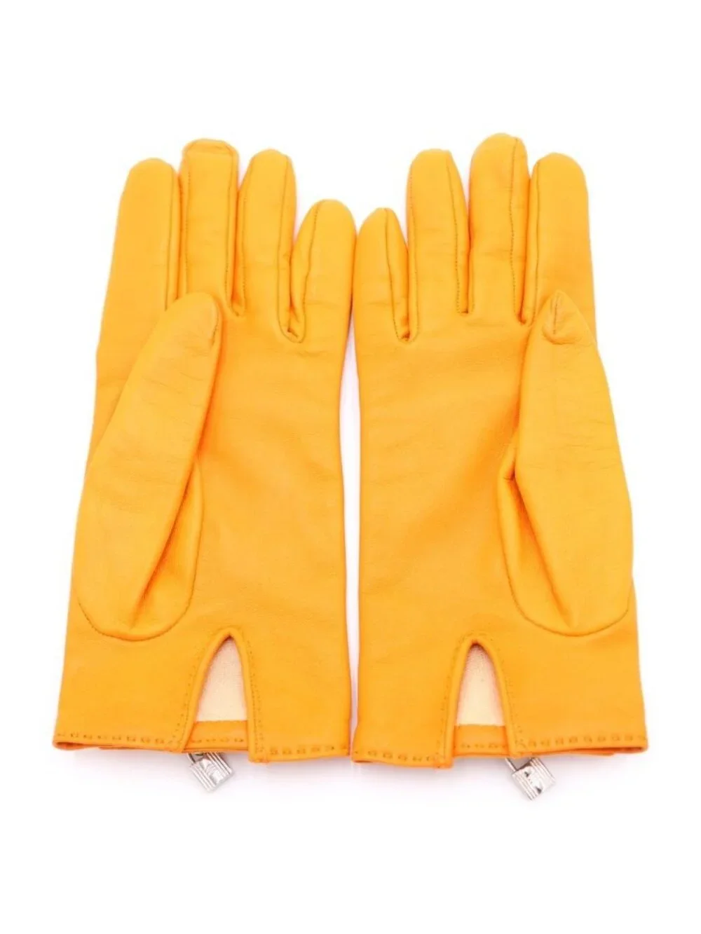 Hermes Kelly Buckle Cadena Lambskin Leather Gloves Silver Orange